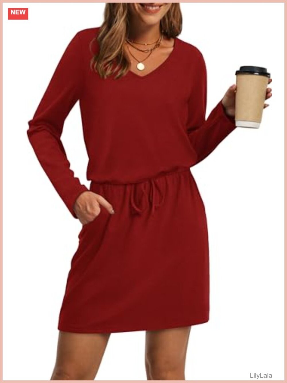 Loose V Neck Long Sleeve Casual Tie Front A-Line Maxi Dress with Pockets